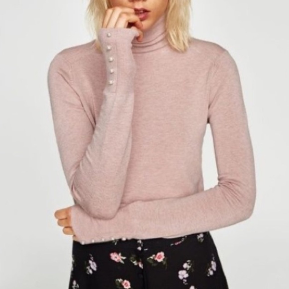 Zara Knit Pink Turtleneck Sweater With Pearl Buttons